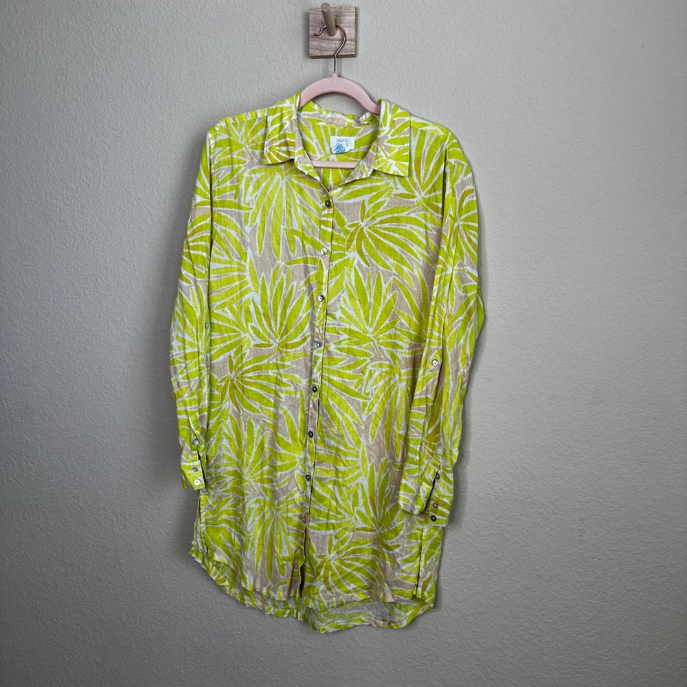 Sigrid Olsen Lime Green Tropical Palm Linen Blend Roll Tab Tunic Dress L Coastal